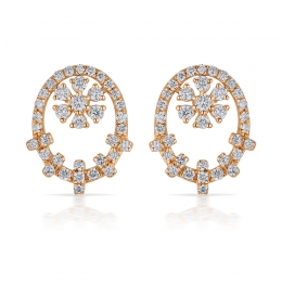 Gold Diamond Oval Floral Stud Earrings
